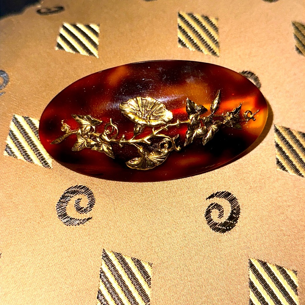 French clip hair barrette faux tortoiseshell with antique brass beautiful floral